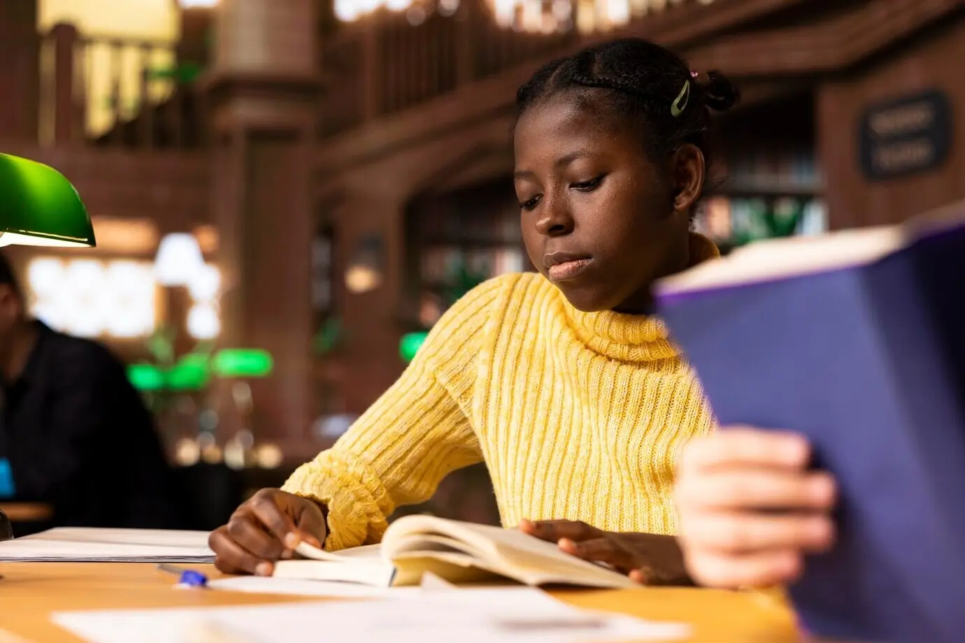 Jüngere Jugendliche lesen in der Bibliothek literarische Texte als Teil ihres Lehrplans.
